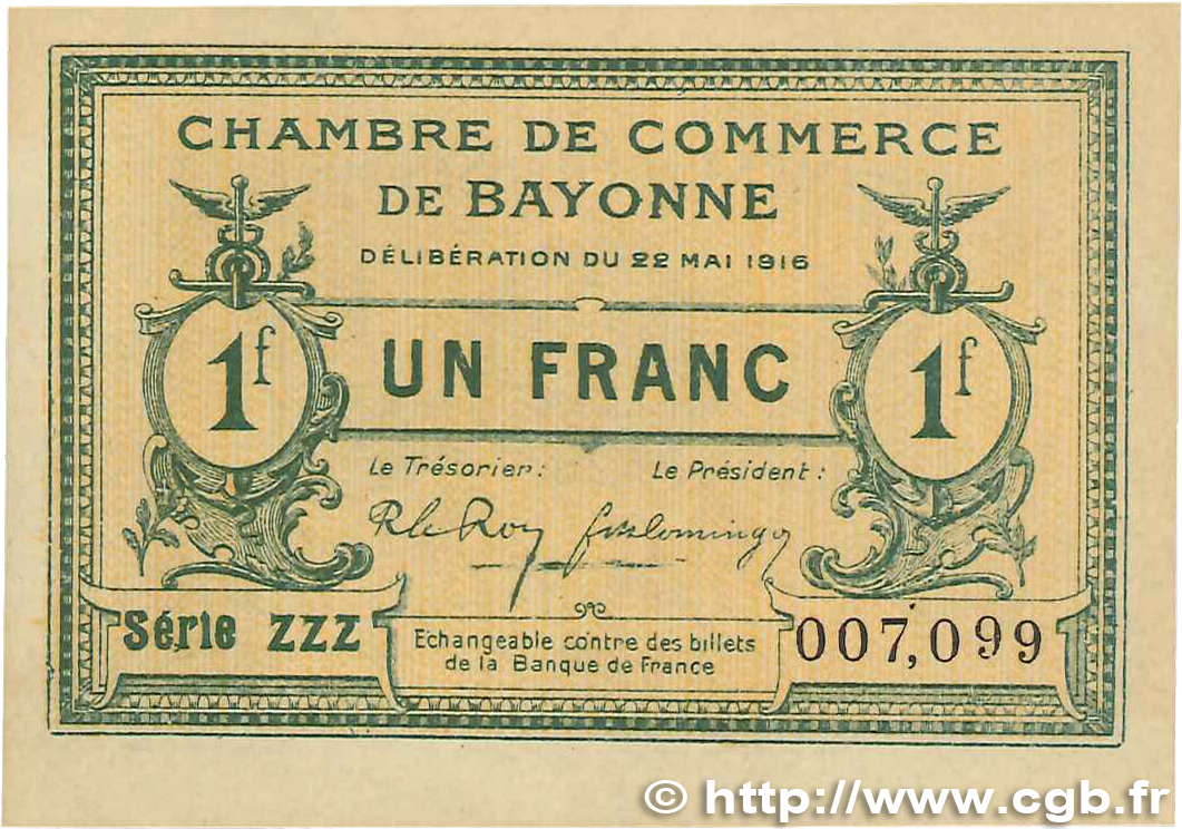 1 Franc FRANCE regionalism and miscellaneous Bayonne 1916 JP.021.32 VF+
