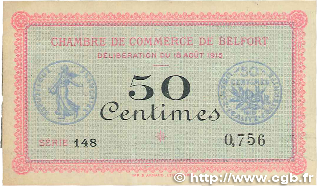 50 Centimes FRANCE regionalism and miscellaneous Belfort 1915 JP.023.01 VF+