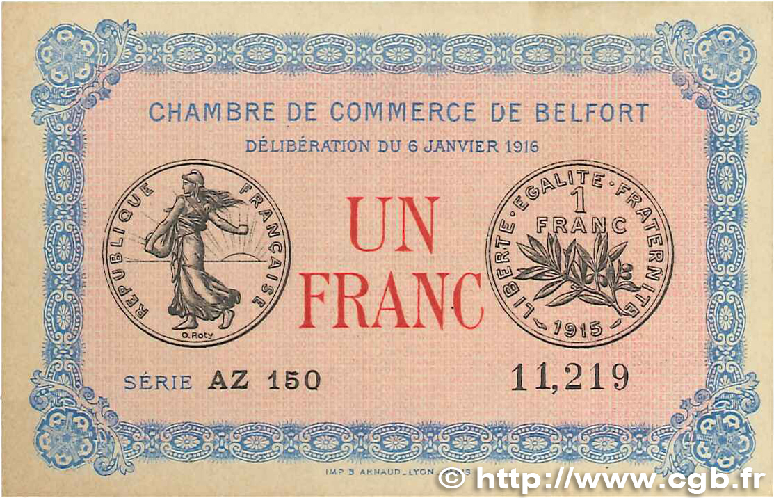1 Franc FRANCE régionalisme et divers Belfort 1916 JP.023.24 SUP