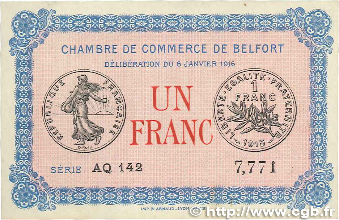 1 Franc FRANCE regionalism and miscellaneous Belfort 1916 JP.023.24 VF+