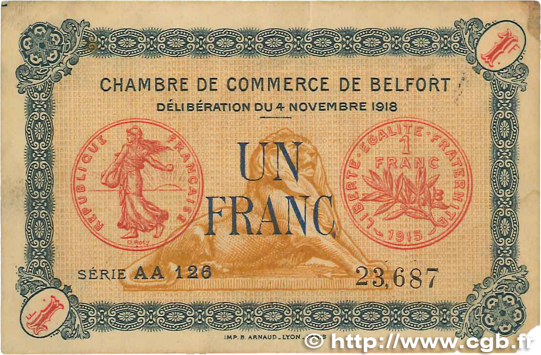 1 Franc FRANCE régionalisme et divers Belfort 1918 JP.023.45 TB
