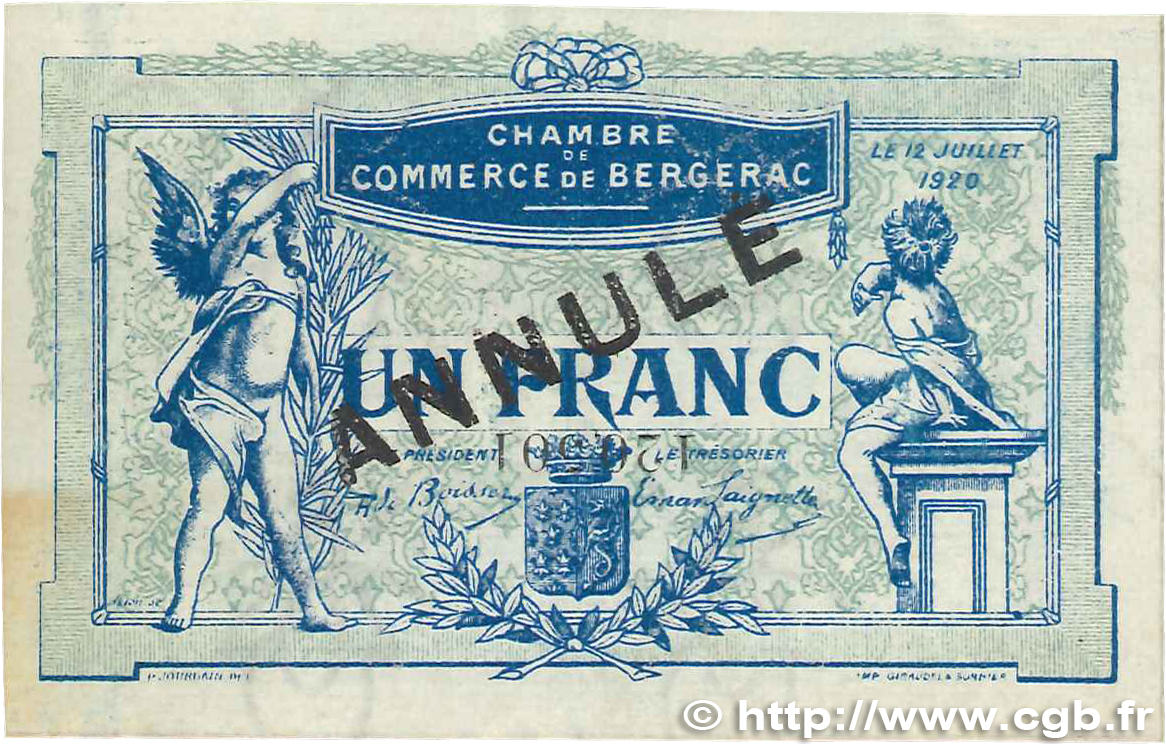 1 Franc Fauté FRANCE regionalism and miscellaneous Bergerac 1920 JP.024.37 XF+