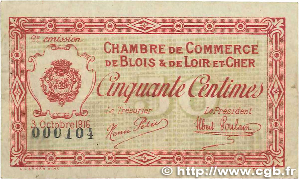 50 Centimes FRANCE régionalisme et divers Blois 1916 JP.028.05 TTB