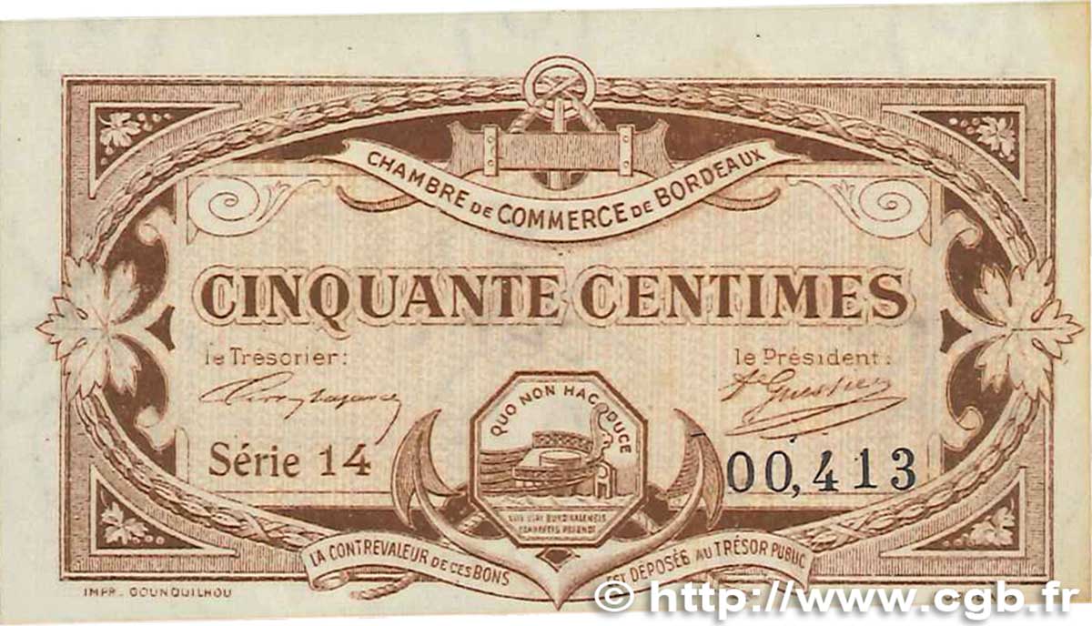 50 Centimes Non émis FRANCE régionalisme et divers Bordeaux 1917 JP.030.20 SUP