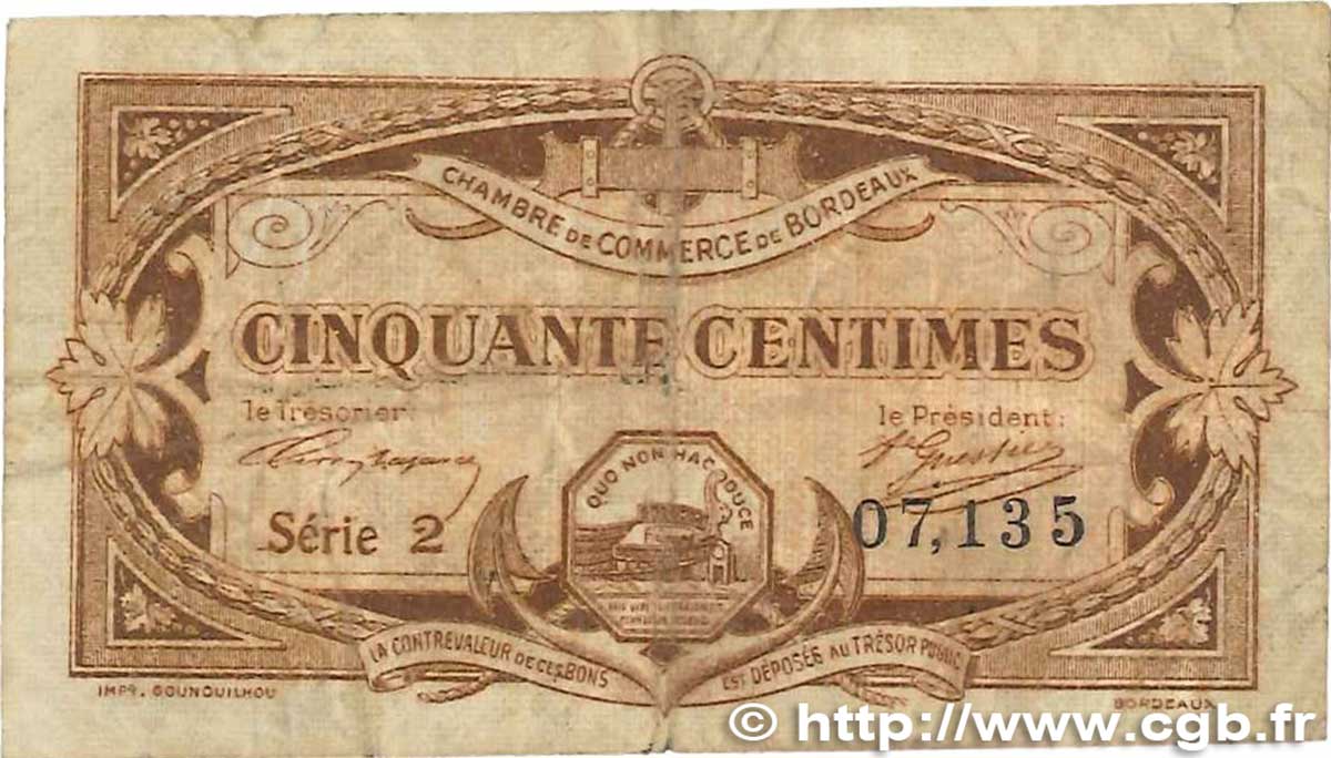 50 Centimes FRANCE régionalisme et divers Bordeaux 1917 JP.030.20 pr.TB