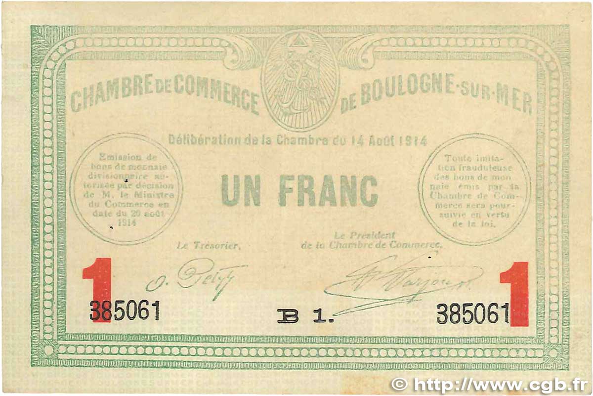 1 Franc FRANCE régionalisme et divers Boulogne-Sur-Mer  1914 JP.031.15 TB