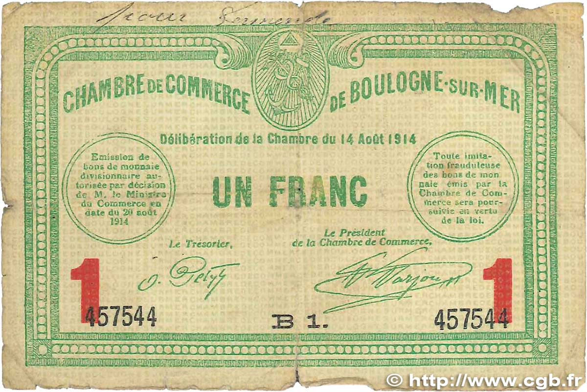 1 Franc FRANCE régionalisme et divers Boulogne-Sur-Mer  1914 JP.031.15 B
