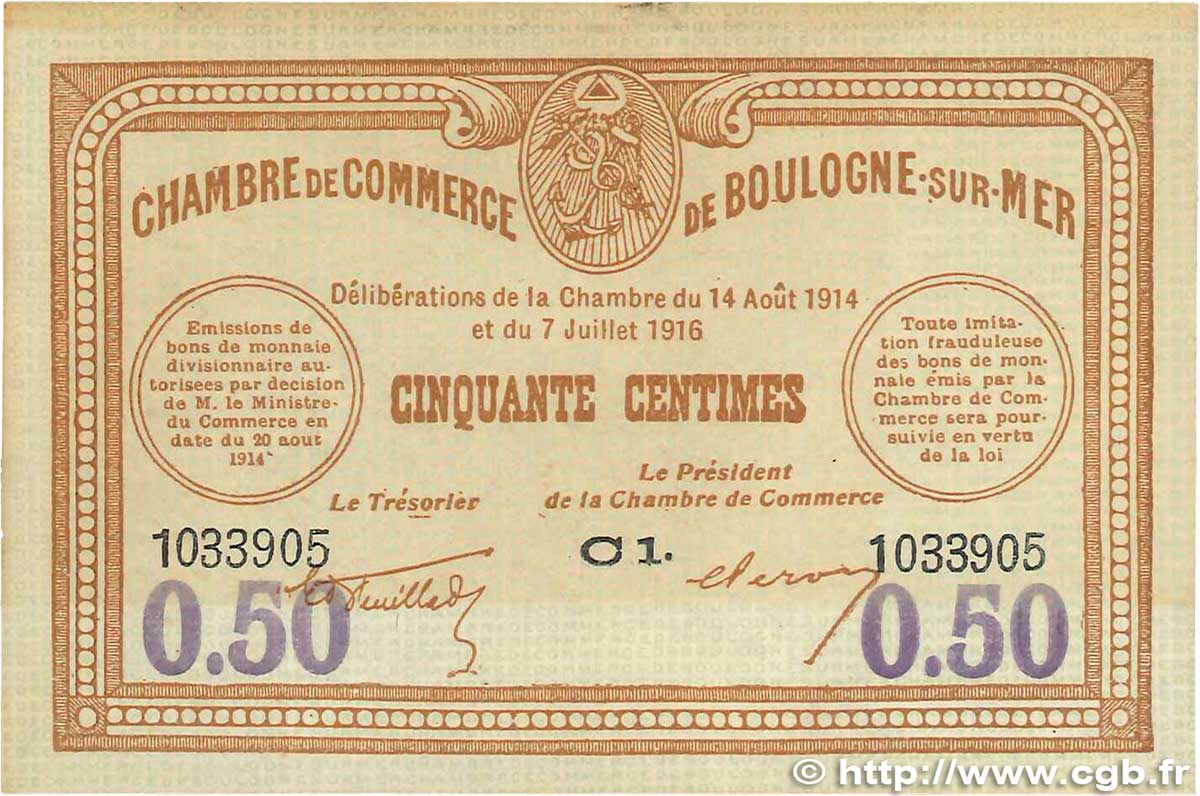 50 Centimes FRANCE régionalisme et divers Boulogne-Sur-Mer  1914 JP.031.23 TTB