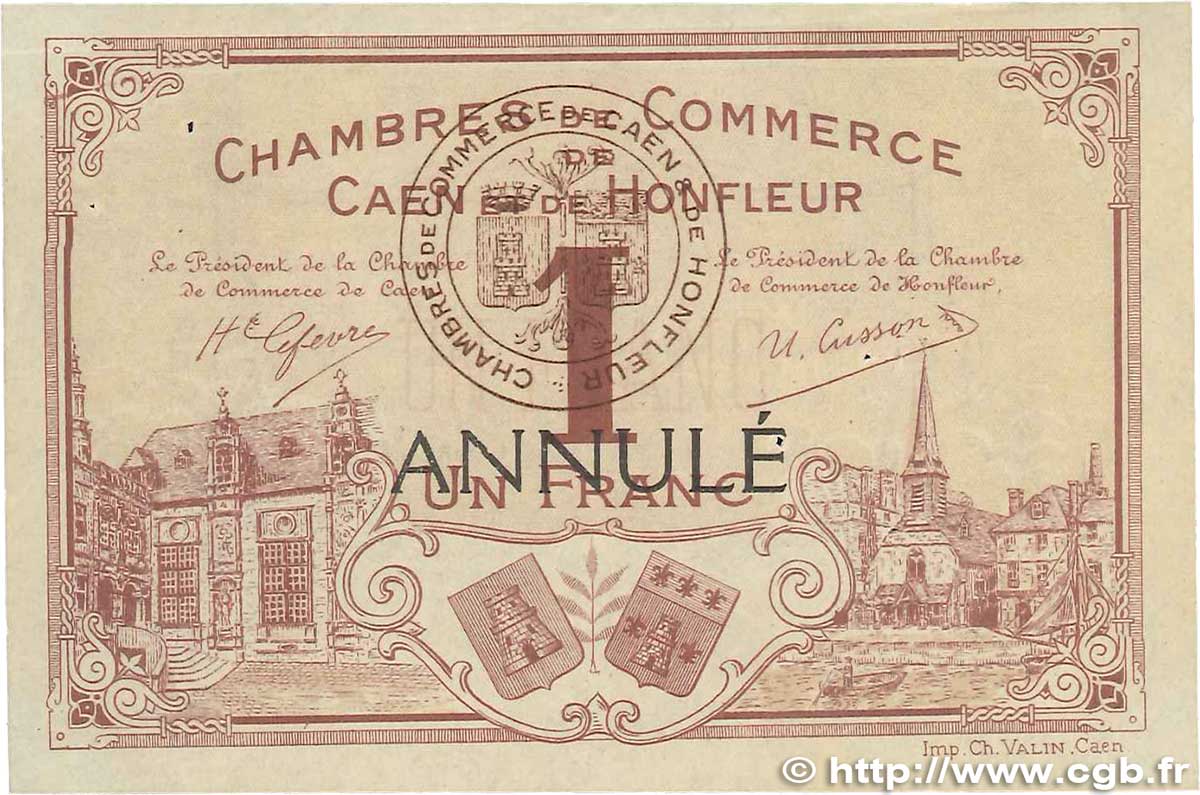 1 Franc Annulé FRANCE régionalisme et divers Caen et Honfleur 1915 JP.034.02 SUP