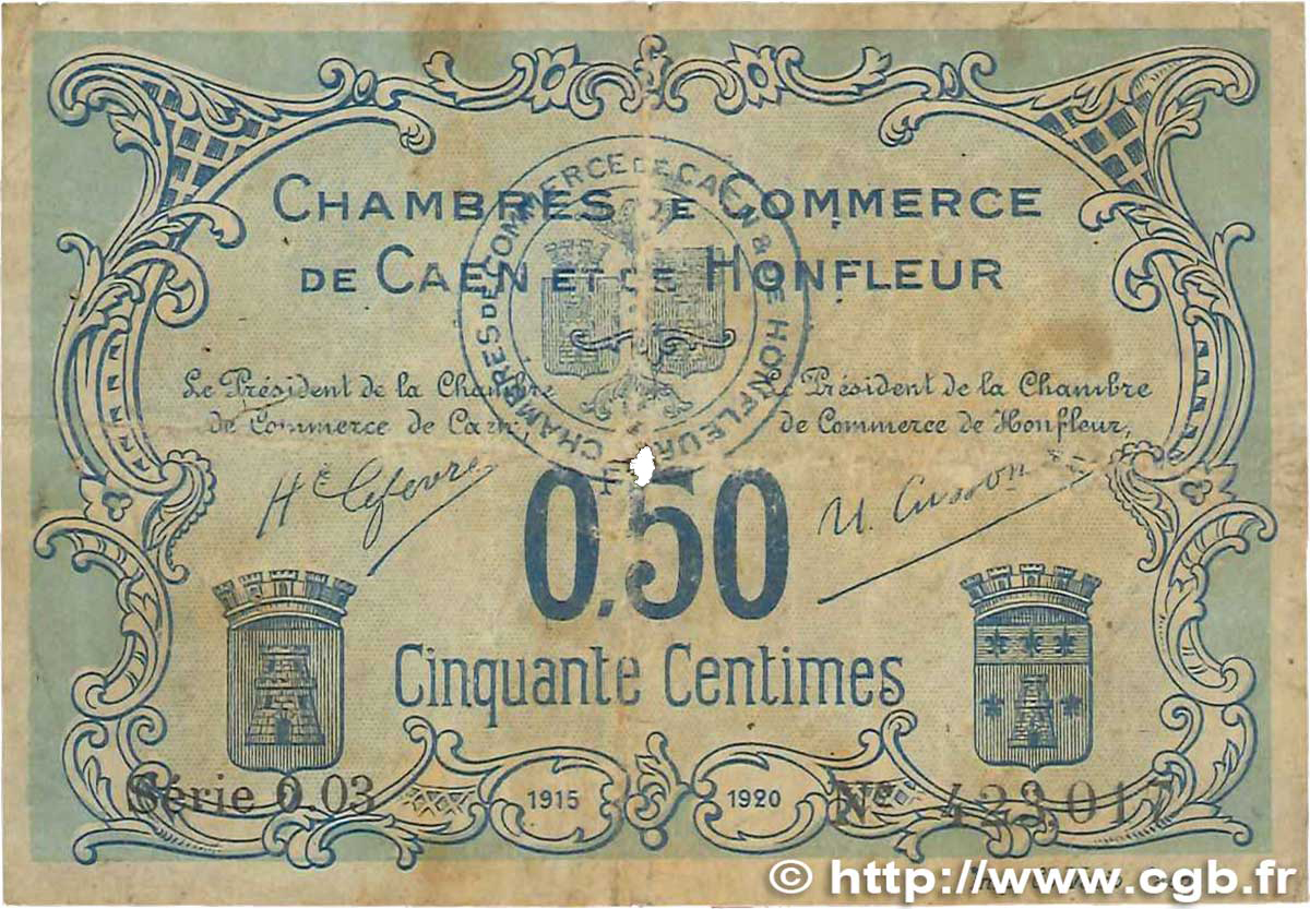 50 Centimes FRANCE régionalisme et divers Caen et Honfleur 1915 JP.034.04 B