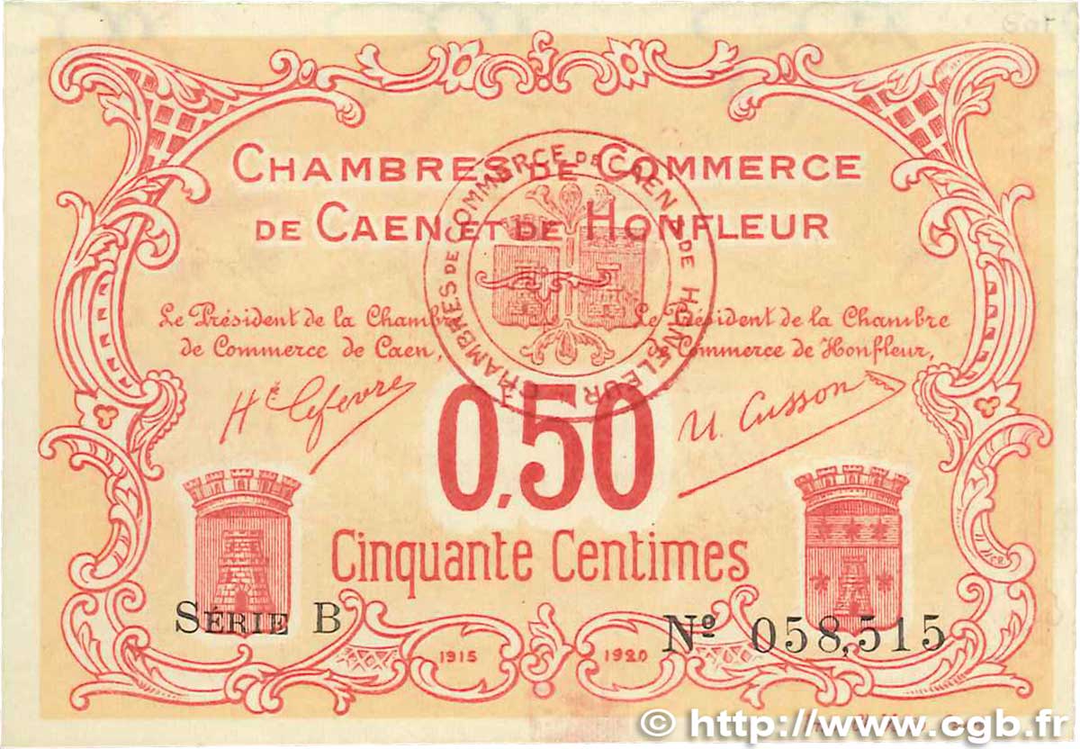 50 Centimes FRANCE régionalisme et divers Caen et Honfleur 1915 JP.034.12 SPL