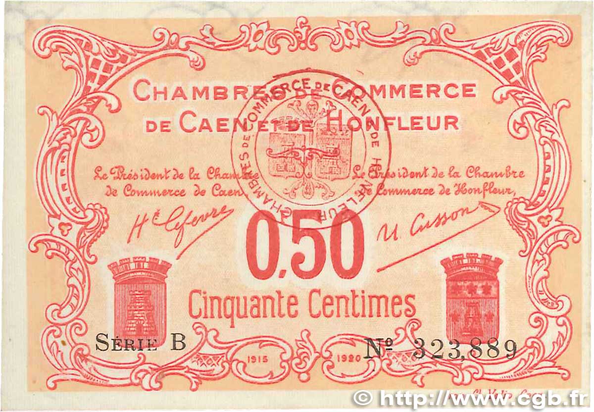 50 Centimes FRANCE régionalisme et divers Caen et Honfleur 1915 JP.034.12 SUP+
