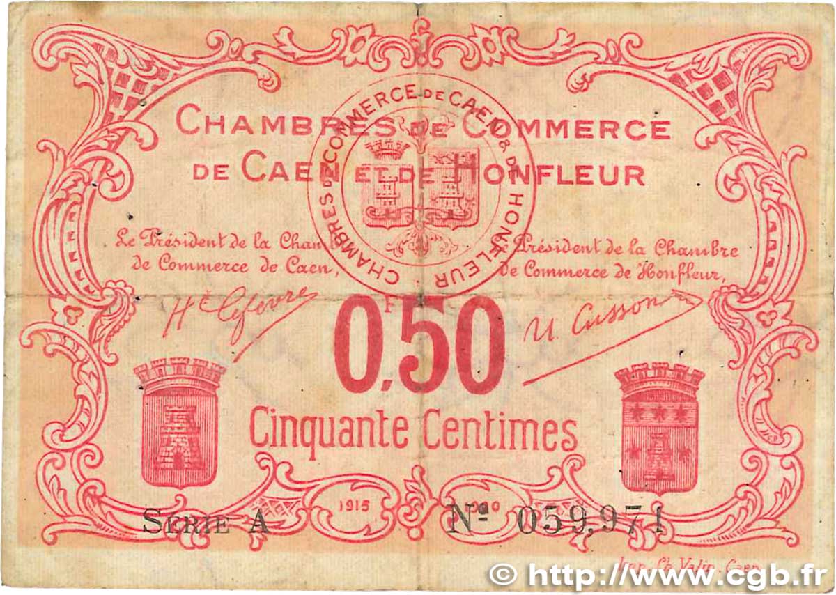 50 Centimes FRANCE régionalisme et divers Caen et Honfleur 1915 JP.034.12 TB