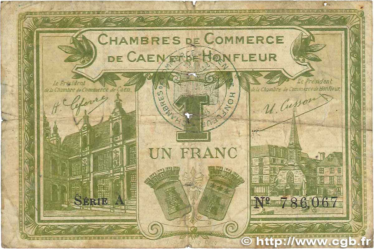 1 Franc FRANCE régionalisme et divers Caen et Honfleur 1915 JP.034.14 B