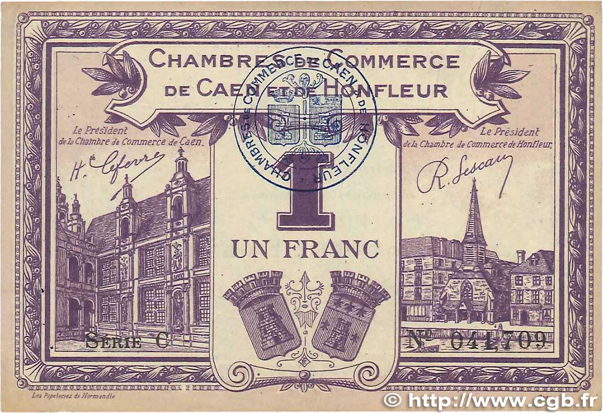1 Franc FRANCE régionalisme et divers Caen et Honfleur 1920 JP.034.22 TTB+