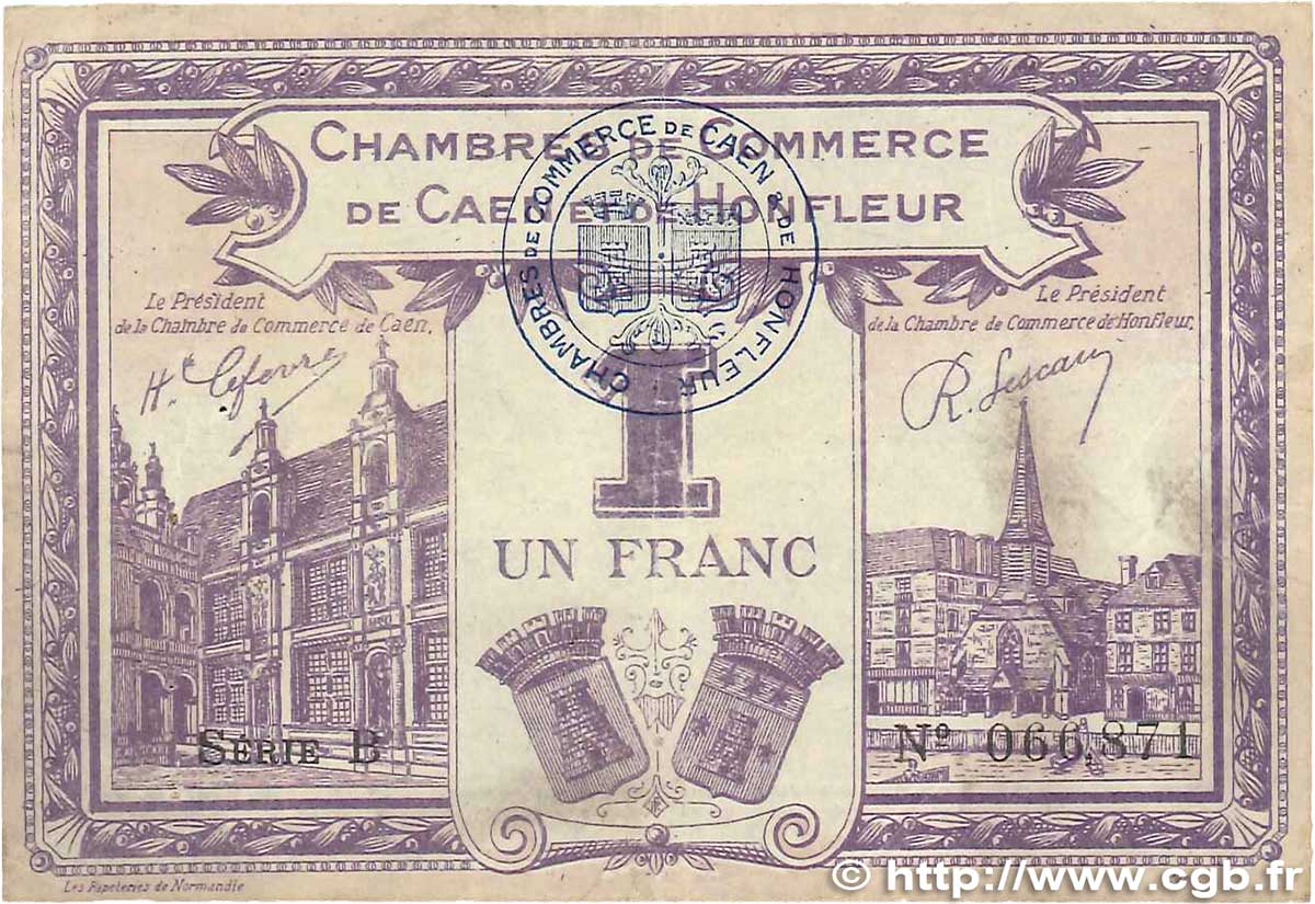 1 Franc FRANCE régionalisme et divers Caen et Honfleur 1920 JP.034.22 TTB
