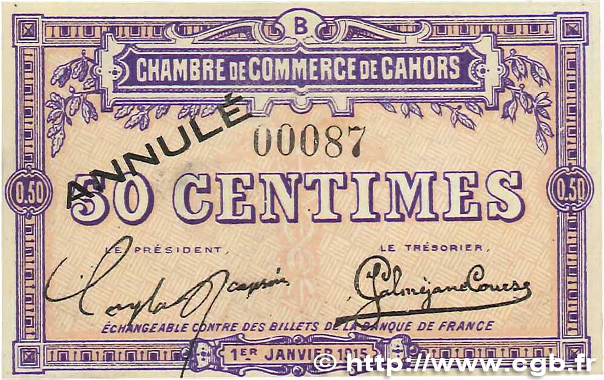 50 Centimes Annulé FRANCE régionalisme et divers Cahors 1915 JP.035.06 SPL
