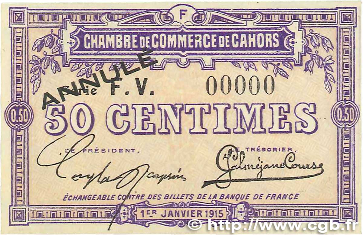 50 Centimes Annulé FRANCE régionalisme et divers Cahors 1915 JP.035.13 pr.NEUF