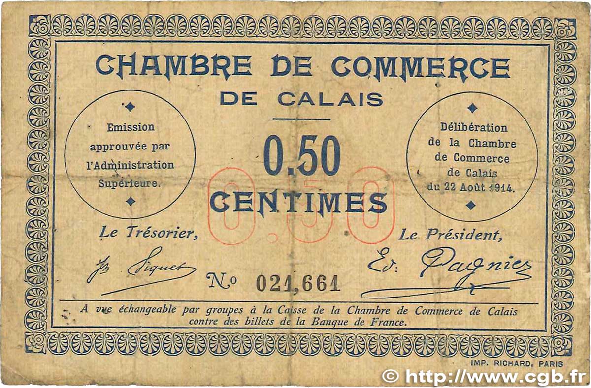 50 Centimes FRANCE régionalisme et divers Calais 1914 JP.036.01 B
