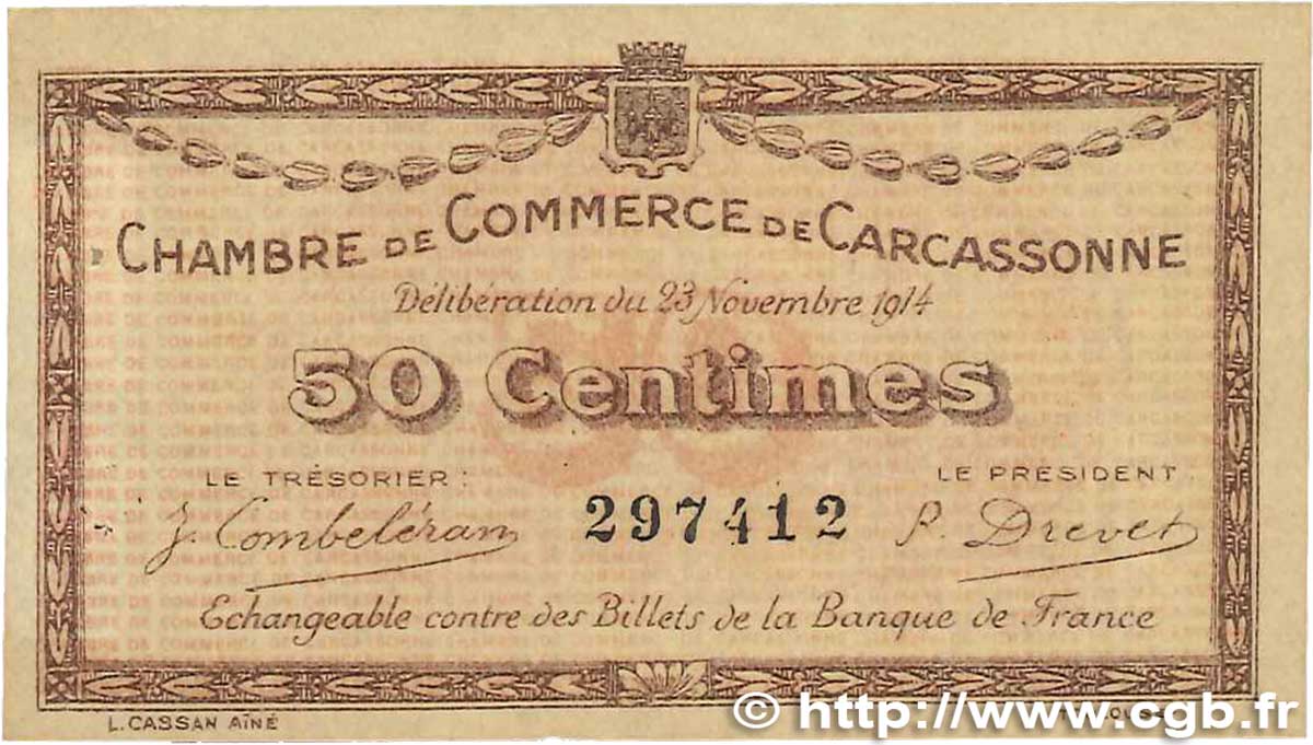 50 Centimes FRANCE régionalisme et divers Carcassonne 1914 JP.038.01 TTB+