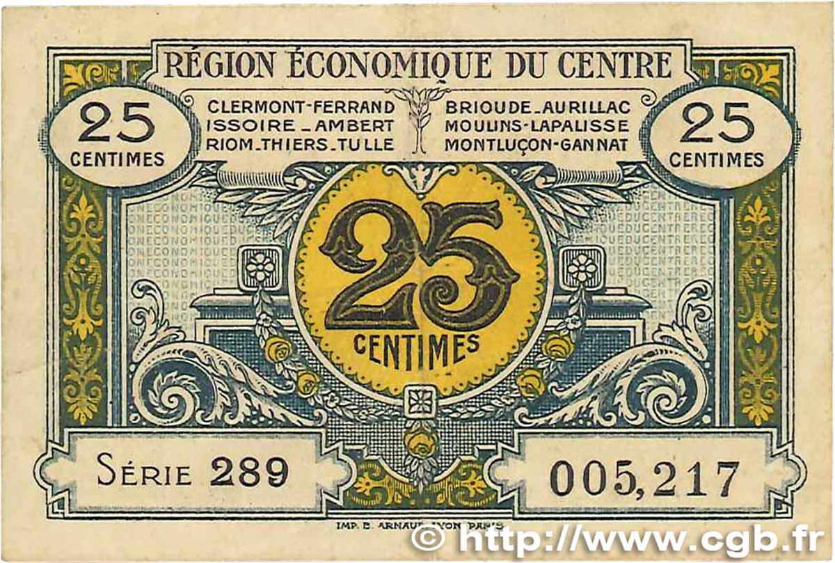 25 Centimes FRANCE régionalisme et divers Région Économique Du Centre 1918 JP.040.01 TTB