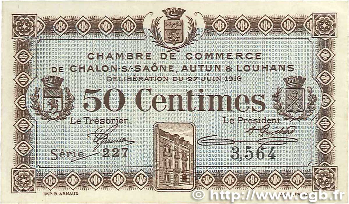 50 Centimes FRANCE régionalisme et divers Châlon-Sur-Saône, Autun et Louhans 1916 JP.042.01 SUP+