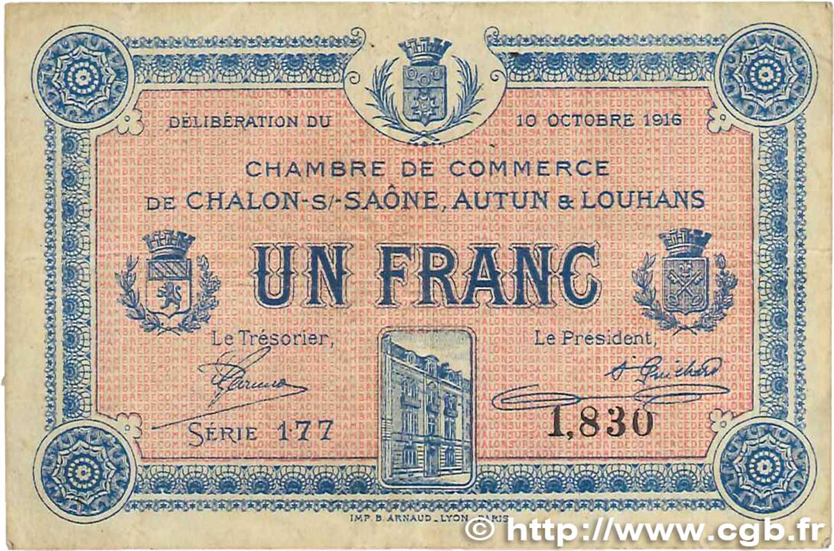 1 Franc FRANCE régionalisme et divers Châlon-Sur-Saône, Autun et Louhans 1916 JP.042.10 pr.TTB