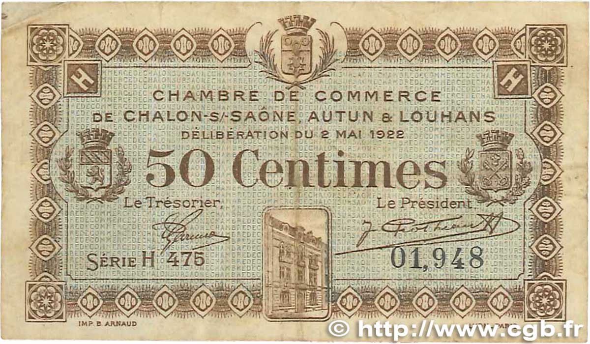 50 Centimes FRANCE régionalisme et divers Châlon-Sur-Saône, Autun et Louhans 1922 JP.042.32 TB