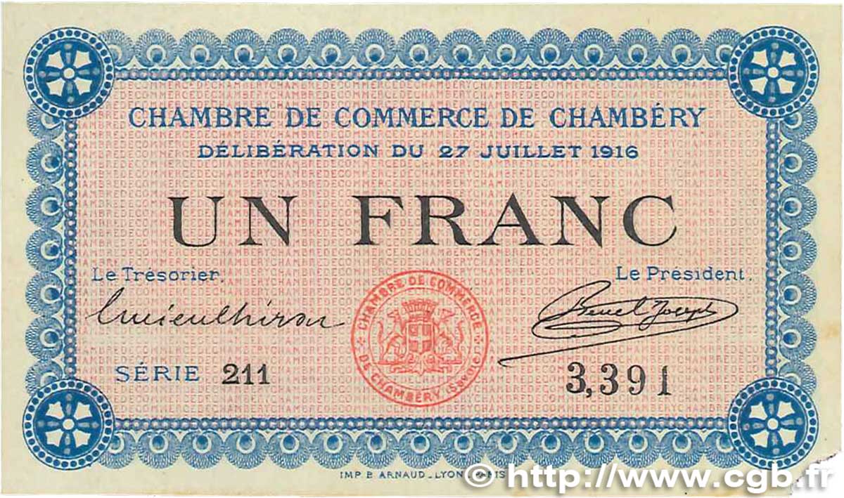 1 Franc FRANCE régionalisme et divers Chambéry 1916 JP.044.09 SUP