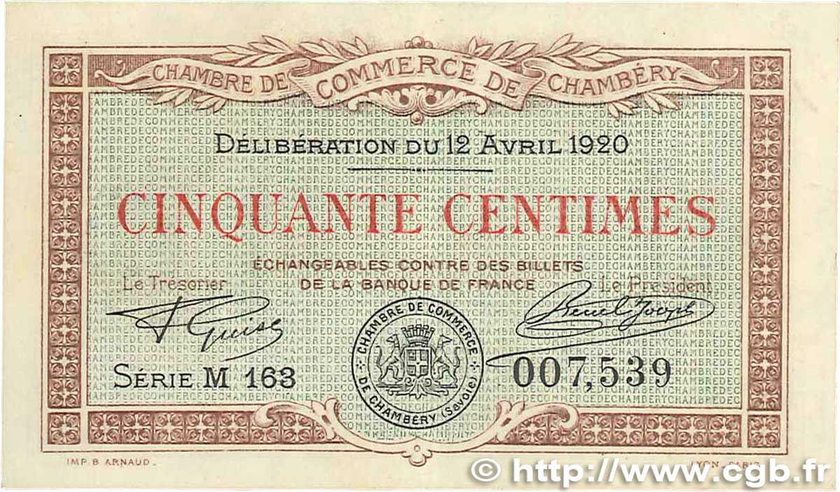 50 Centimes FRANCE régionalisme et divers Chambéry 1920 JP.044.11 SUP+