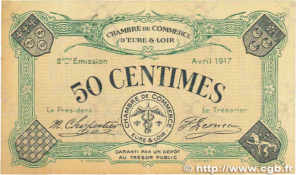 50 Centimes FRANCE régionalisme et divers Chartres 1917 JP.045.05 TTB