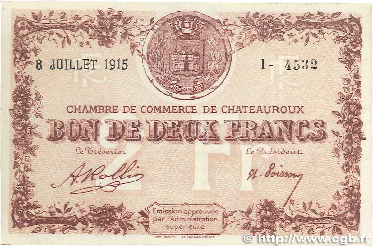 2 Francs FRANCE régionalisme et divers Chateauroux 1915 JP.046.09 SPL