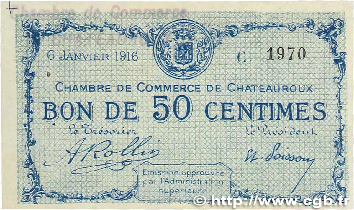 50 Centimes FRANCE régionalisme et divers Chateauroux 1916 JP.046.14 SUP