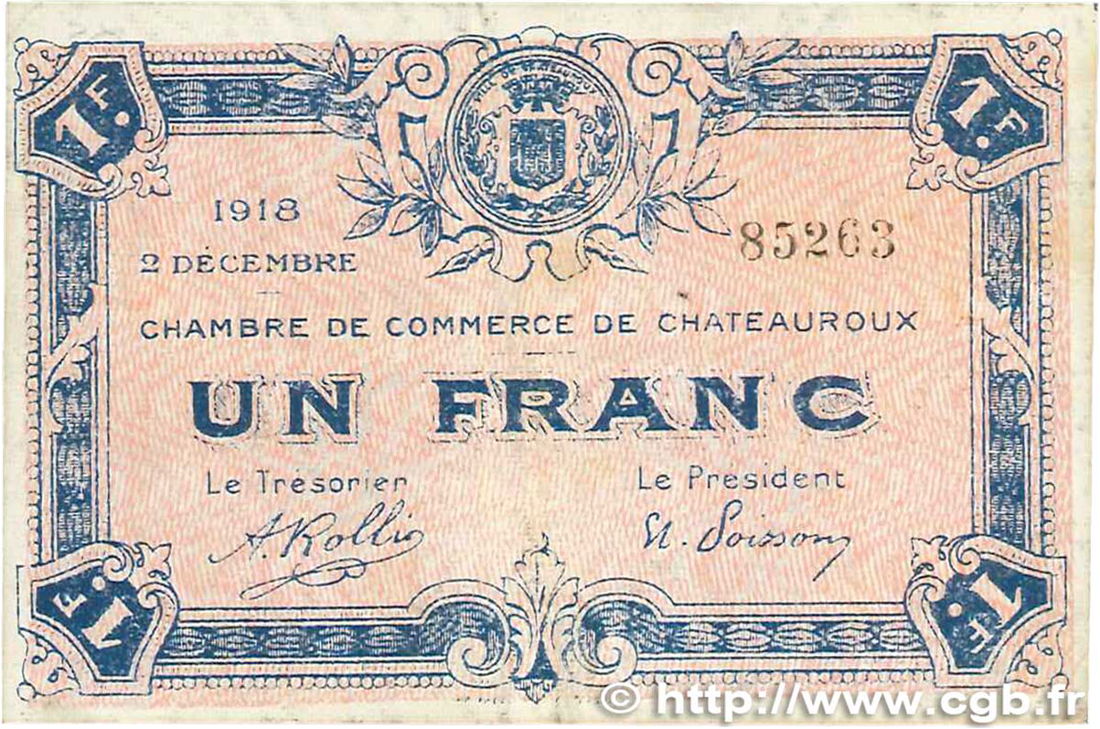 1 Franc FRANCE régionalisme et divers Chateauroux 1918 JP.046.19 TTB+