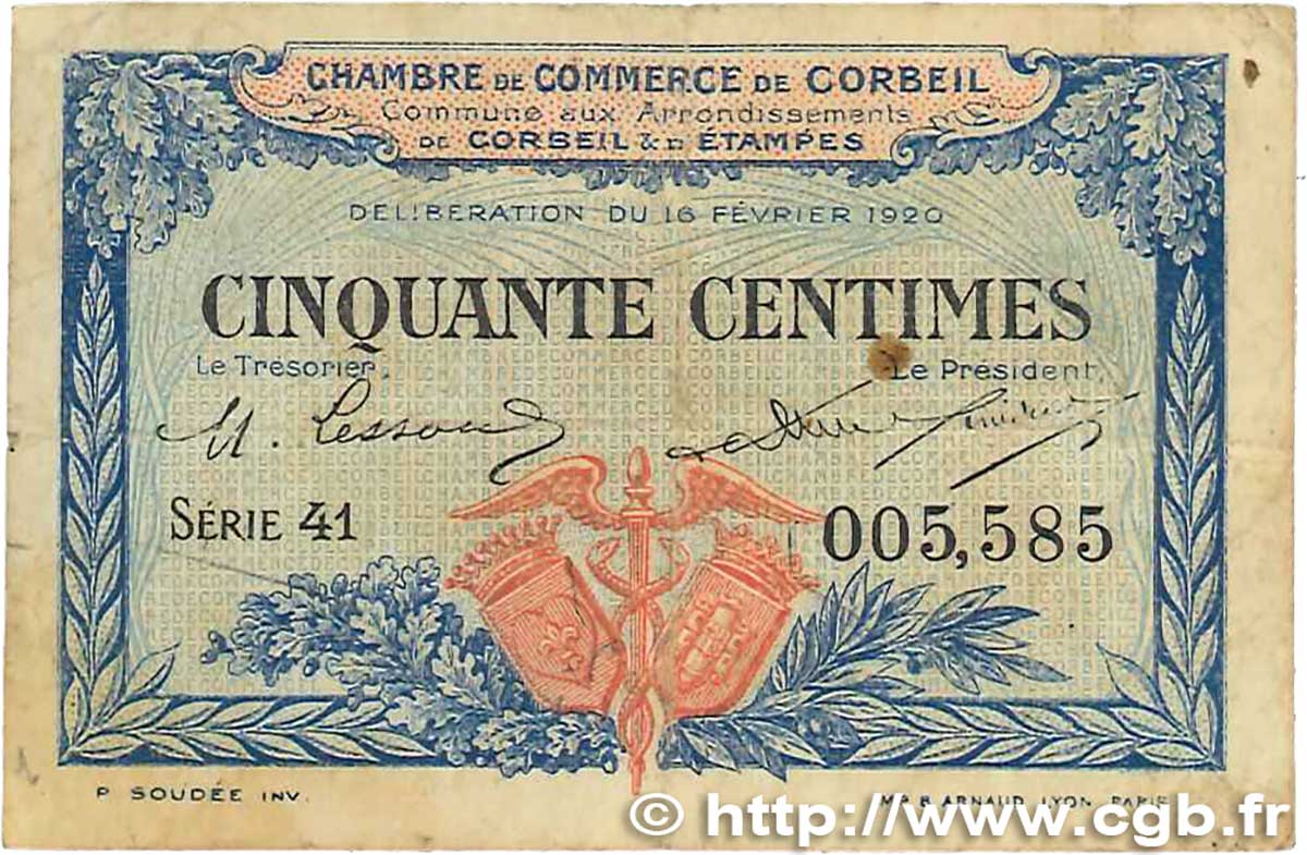 50 Centimes FRANCE régionalisme et divers Corbeil 1920 JP.050.01 pr.TTB