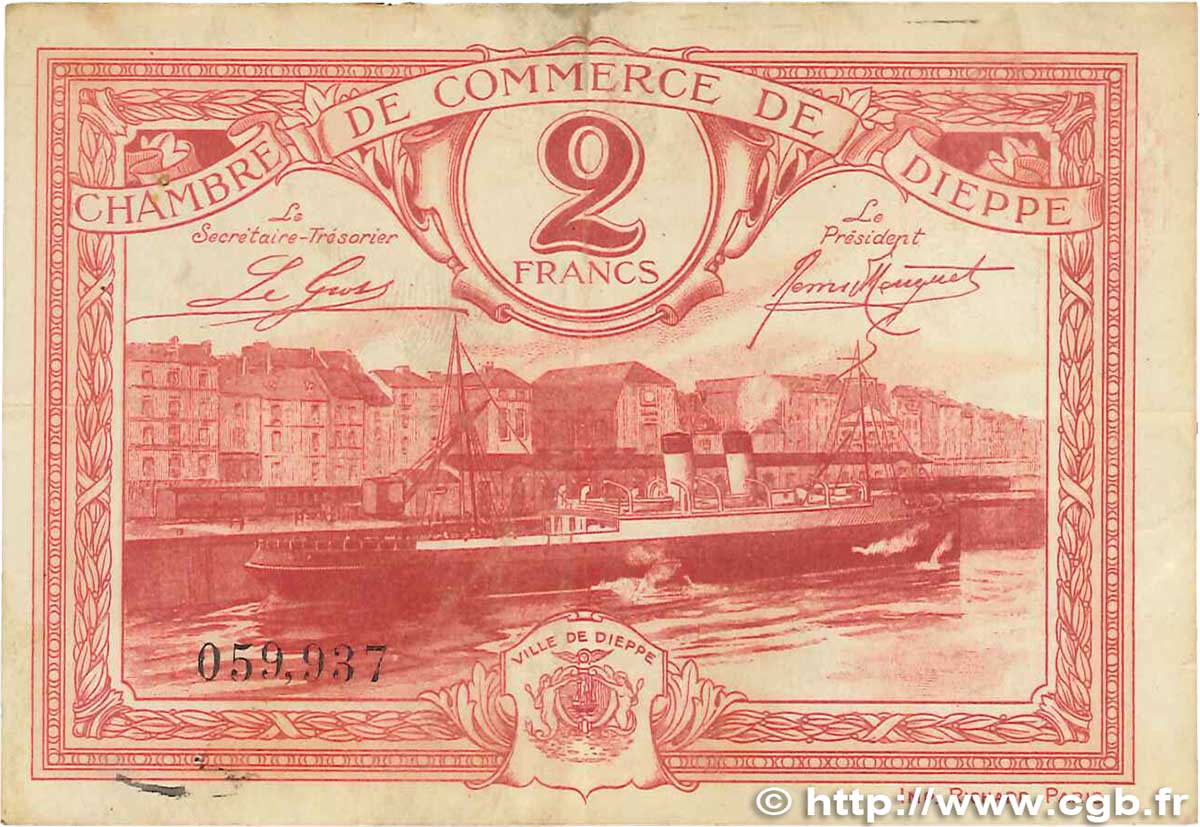 2 Francs FRANCE régionalisme et divers Dieppe 1920 JP.052.26 TB