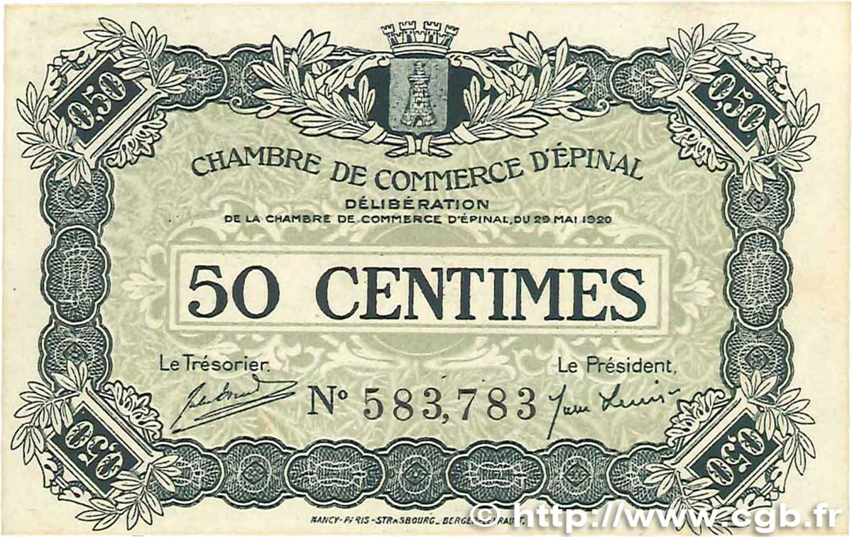 50 Centimes FRANCE régionalisme et divers Épinal 1920 JP.056.01 SUP+