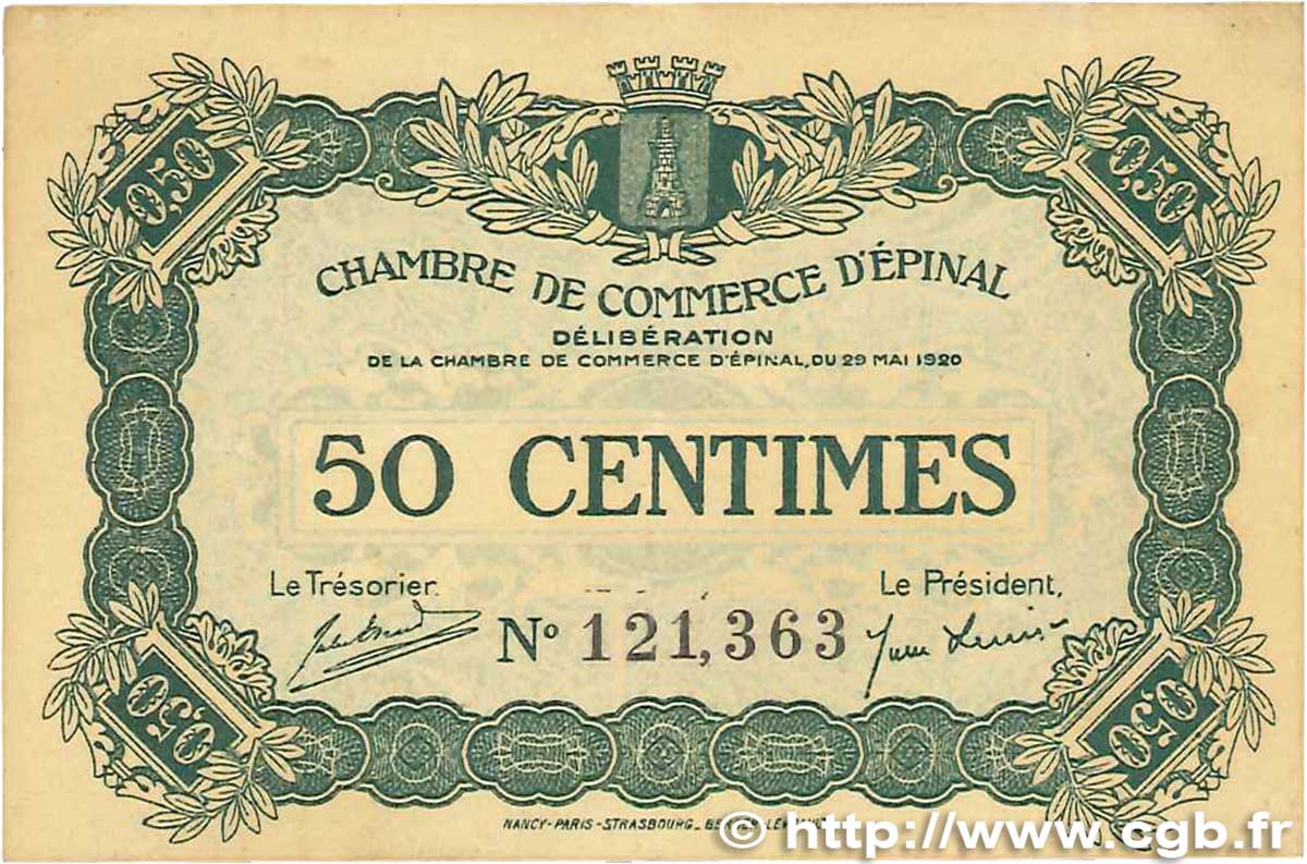 50 Centimes FRANCE régionalisme et divers Épinal 1920 JP.056.01 TTB