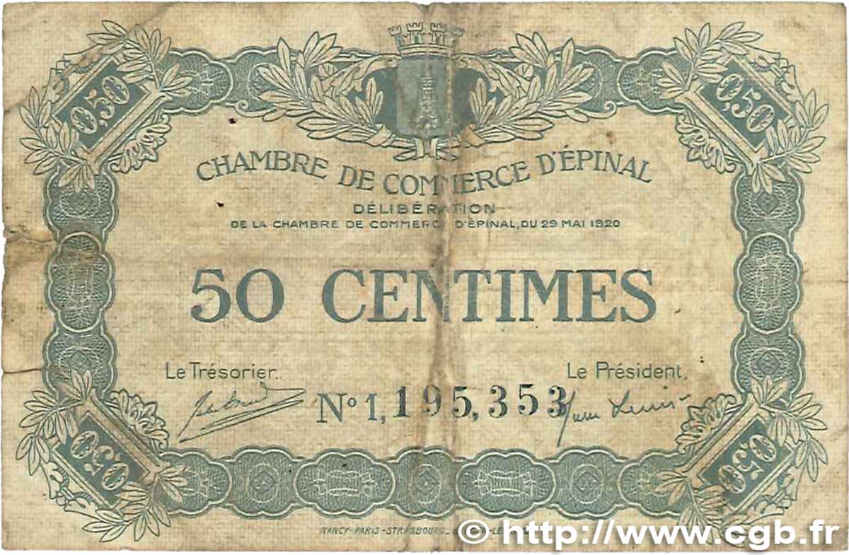 50 Centimes FRANCE régionalisme et divers Épinal 1920 JP.056.09 B
