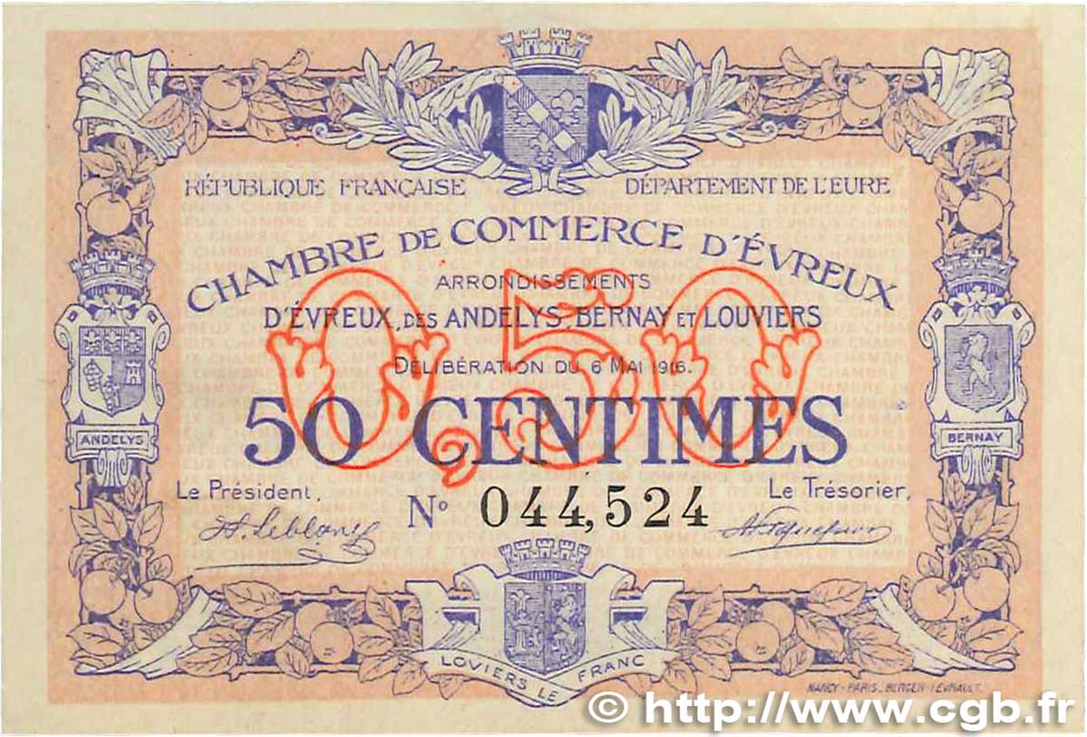 50 Centimes FRANCE régionalisme et divers Évreux 1916 JP.057.02 SPL