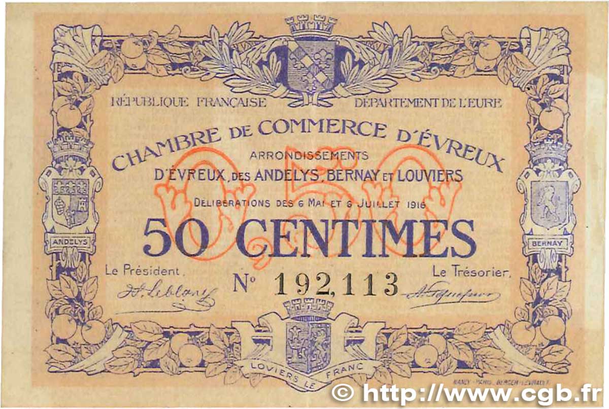 50 Centimes FRANCE régionalisme et divers Évreux 1916 JP.057.08 TTB