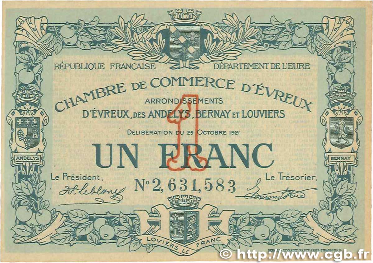 1 Franc FRANCE régionalisme et divers Évreux 1921 JP.057.20 SUP+