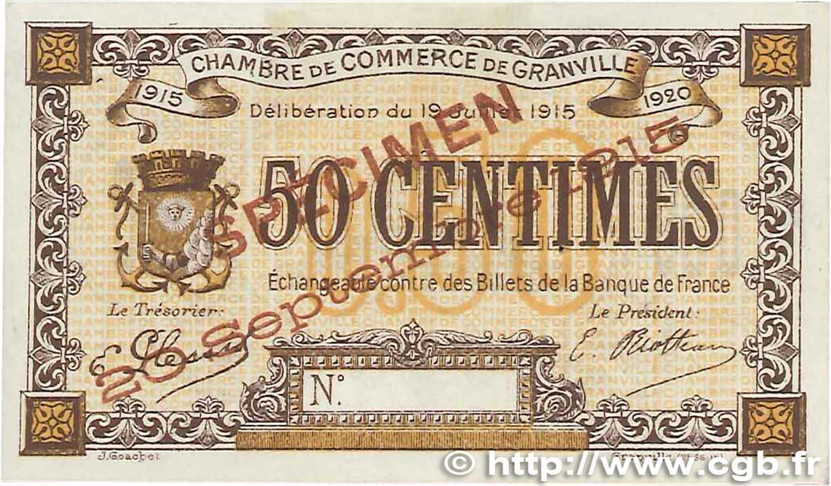 50 Centimes Spécimen FRANCE régionalisme et divers Granville 1915 JP.060.02 pr.SPL