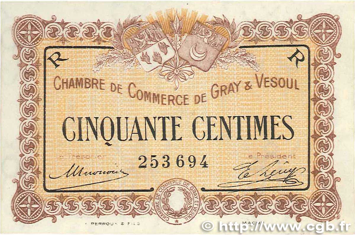50 Centimes FRANCE régionalisme et divers Gray et Vesoul 1915 JP.062.07 SPL