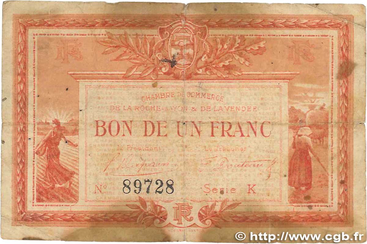 1 Franc FRANCE régionalisme et divers La Roche-Sur-Yon 1915 JP.065.17 B