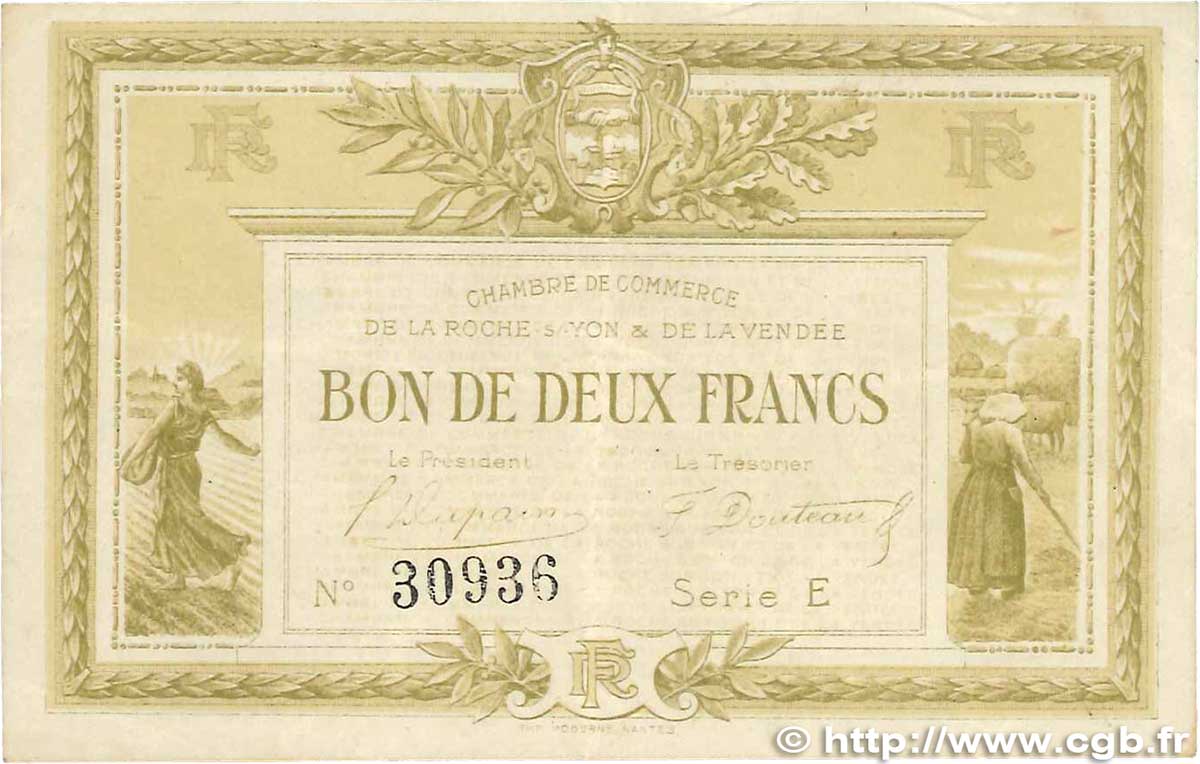 2 Francs FRANCE régionalisme et divers La Roche-Sur-Yon 1915 JP.065.21 TTB+