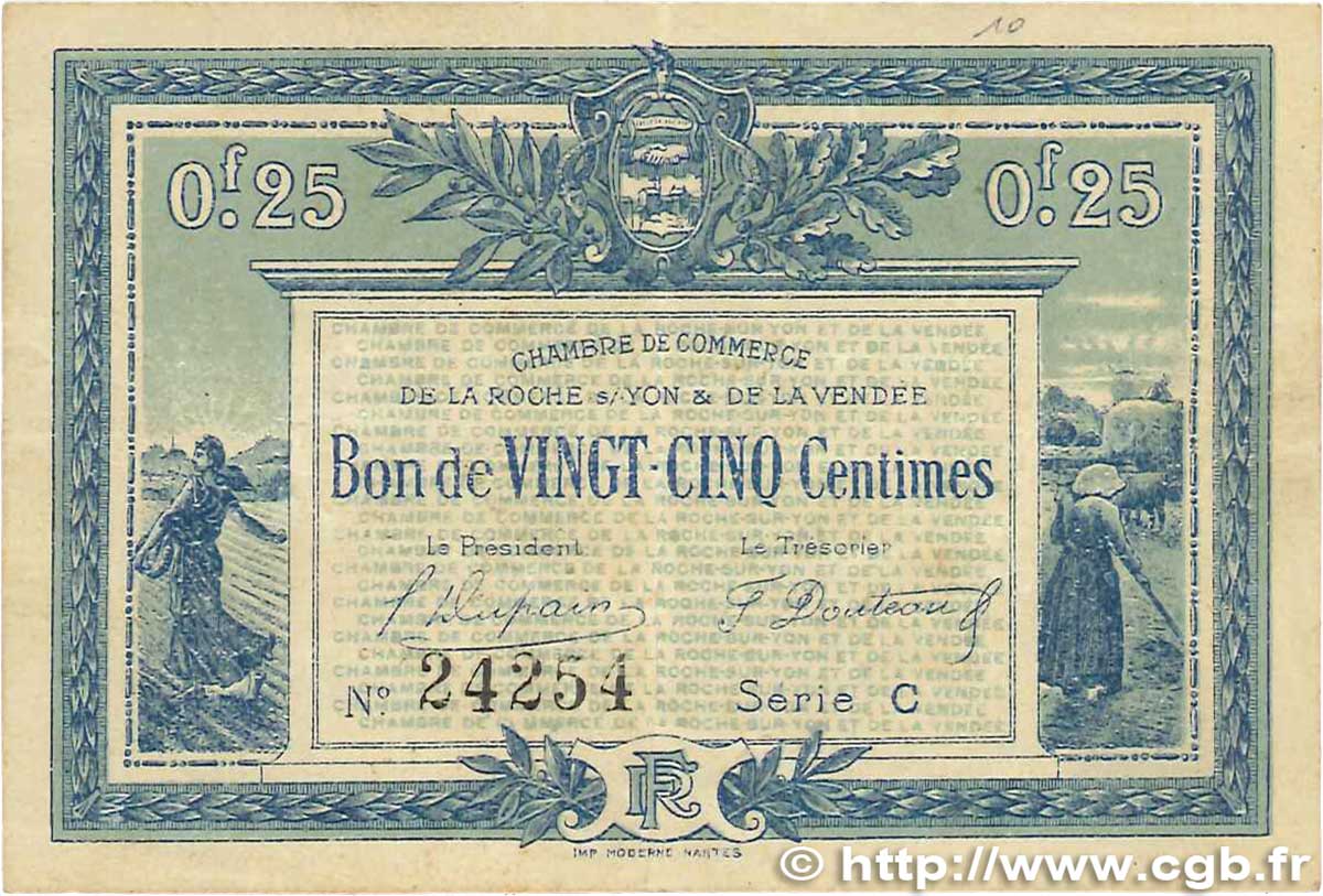 25 Centimes FRANCE régionalisme et divers La Roche-Sur-Yon 1916 JP.065.26 TTB