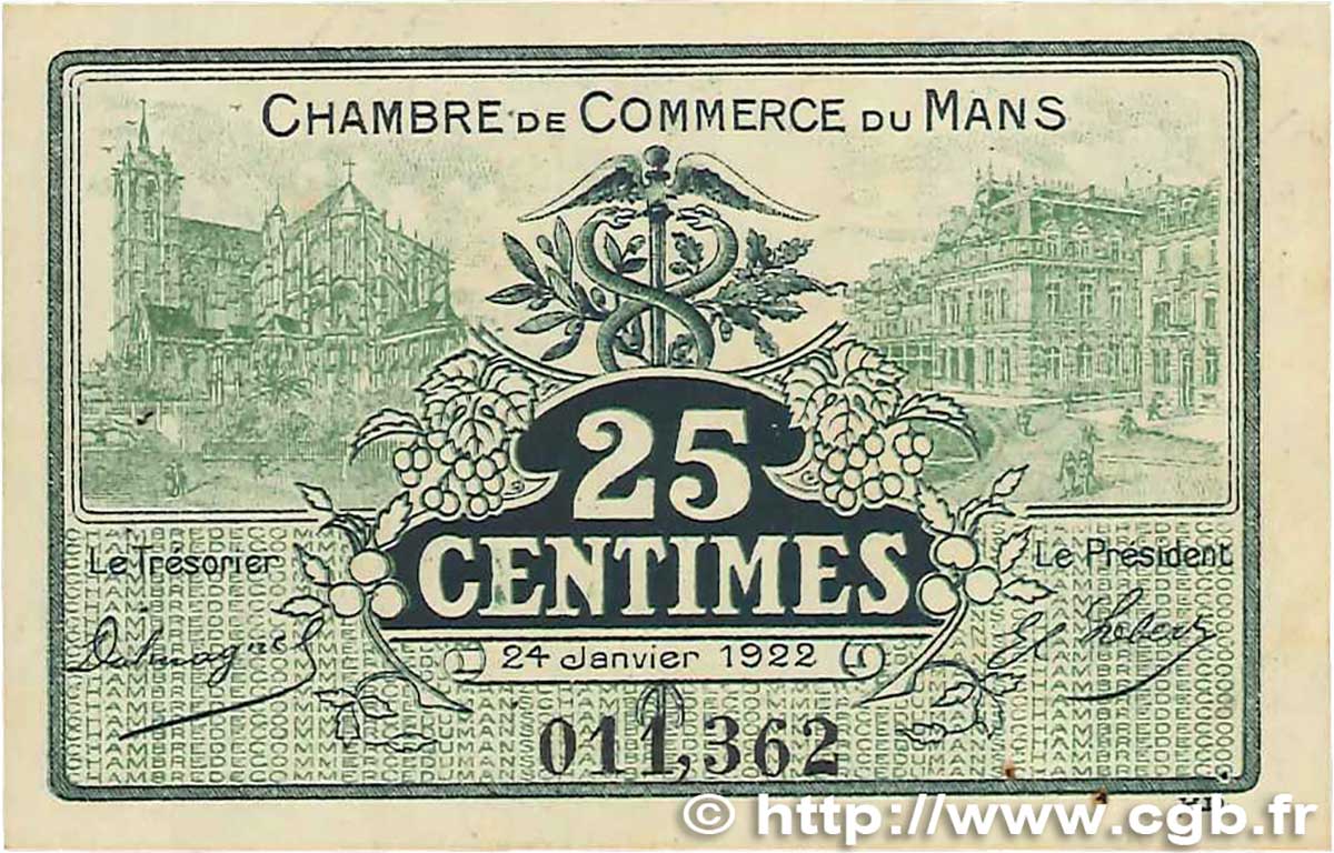 25 Centimes FRANCE régionalisme et divers Le Mans 1922 JP.069.20 SUP