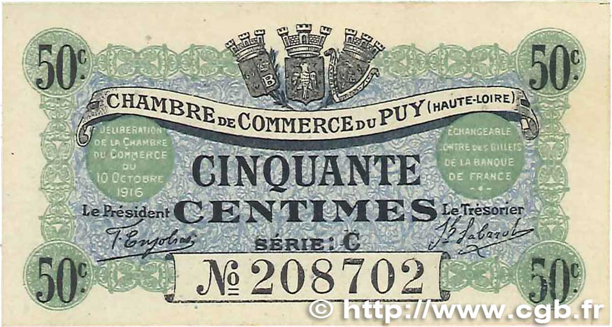 50 Centimes FRANCE régionalisme et divers Le Puy 1916 JP.070.05 SPL