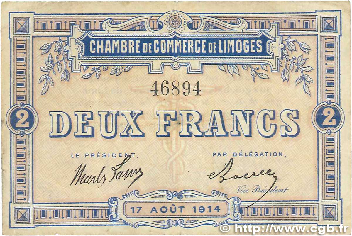 2 Francs FRANCE régionalisme et divers Limoges 1914 JP.073.05 pr.TTB